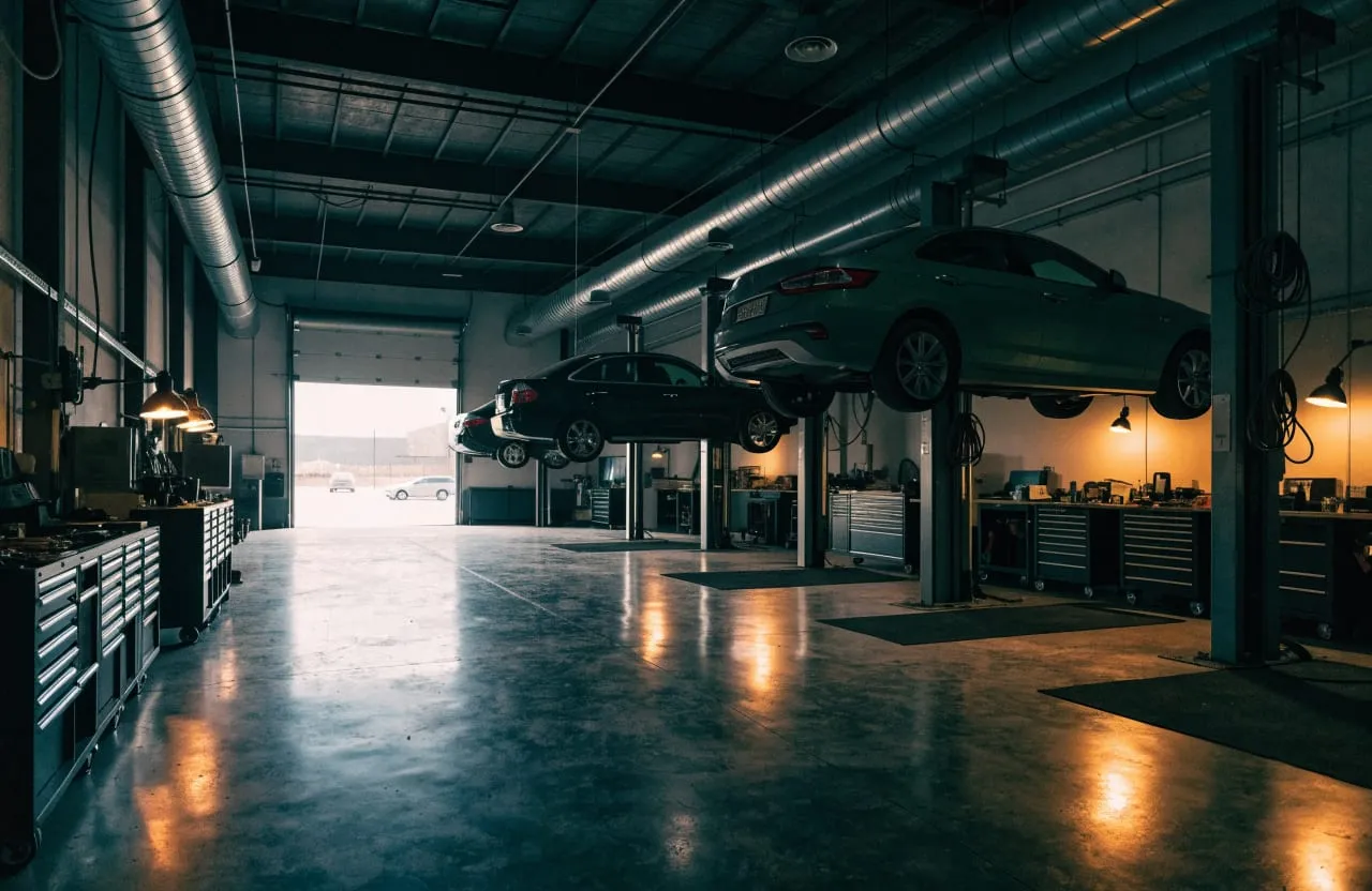 The workshop floor, three bays and a car on each lift.