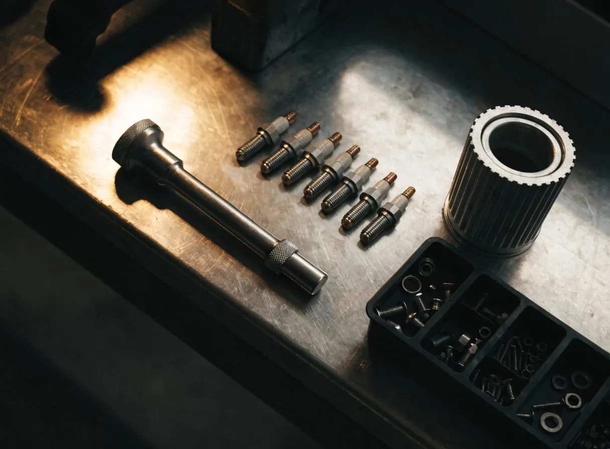 A torque wrench, spark plugs and an oil filter laid out on the workshop bench.
